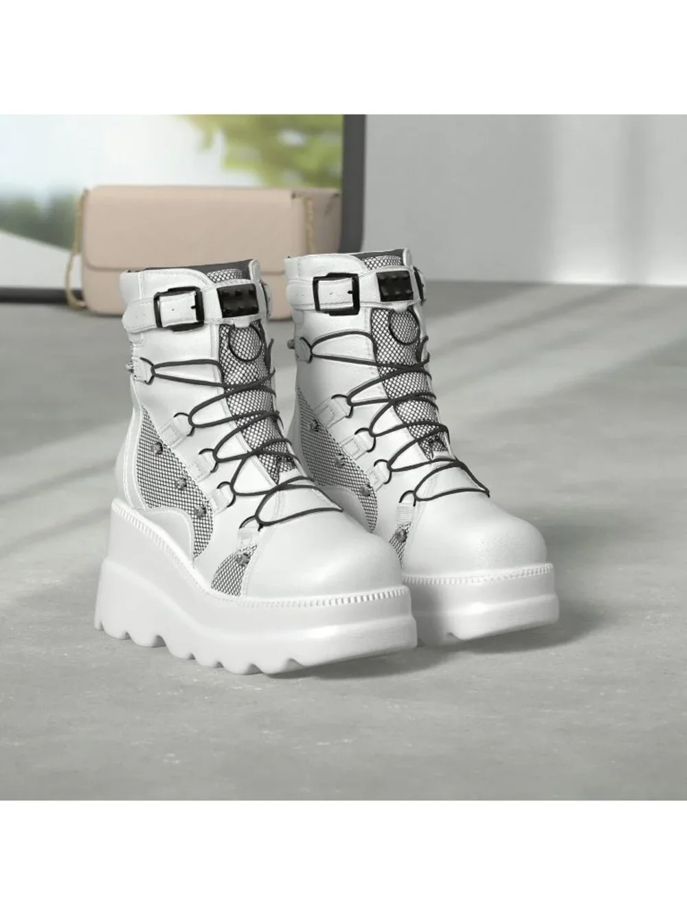 Women's White Polyurethane Platform Chunky Stylish Lace Up Round Toe Ankle Boots